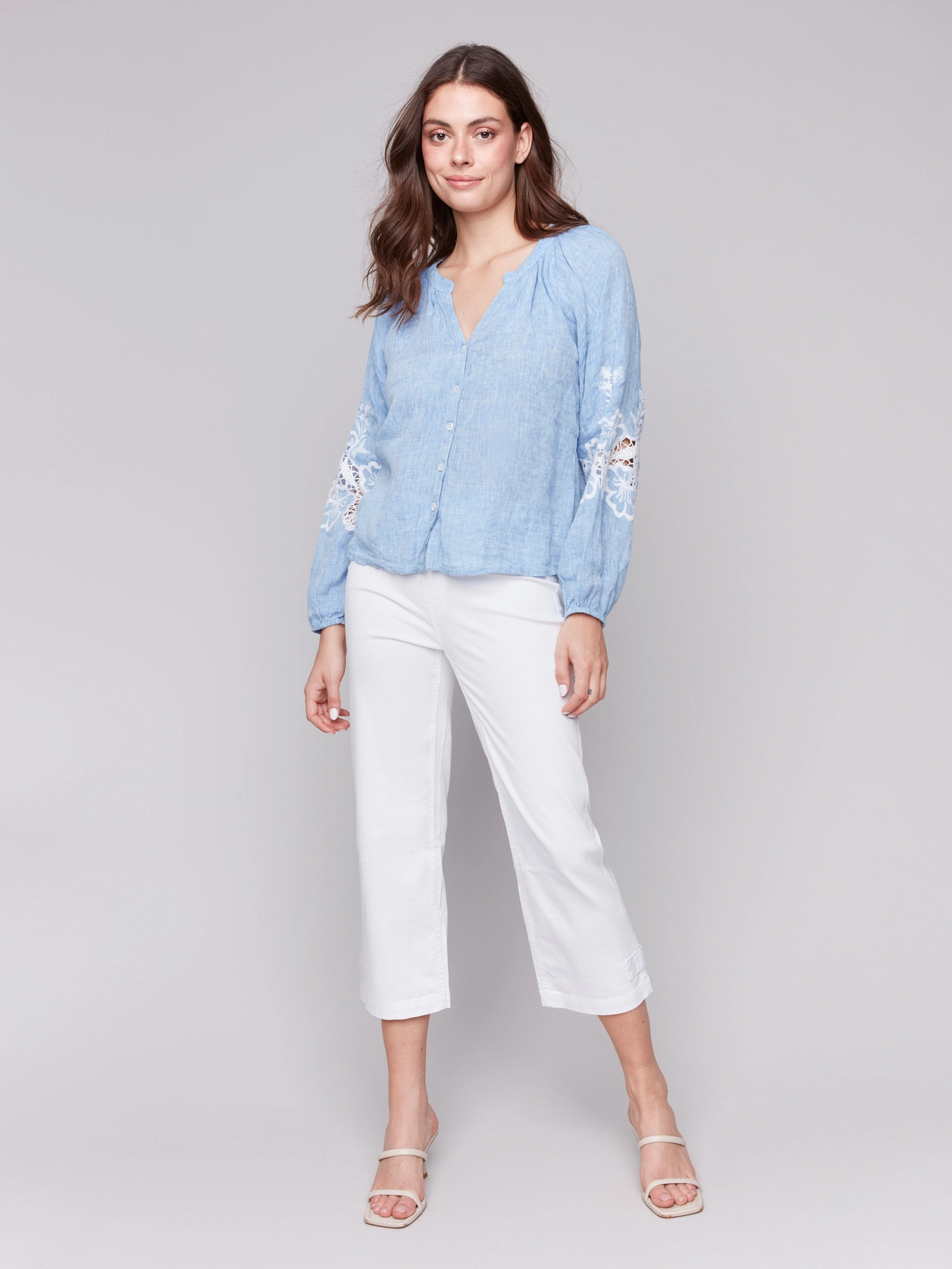Cotton-Linen Button-Front Blouse with Embroidery - Chambray slim cut