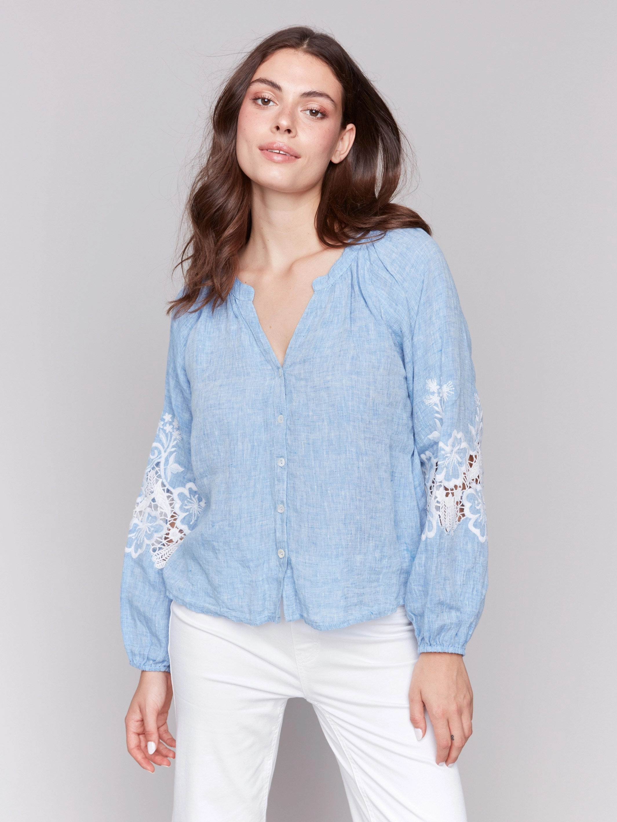 Summer Vibes Cotton-Linen Button-Front Blouse with Embroidery - Chambray