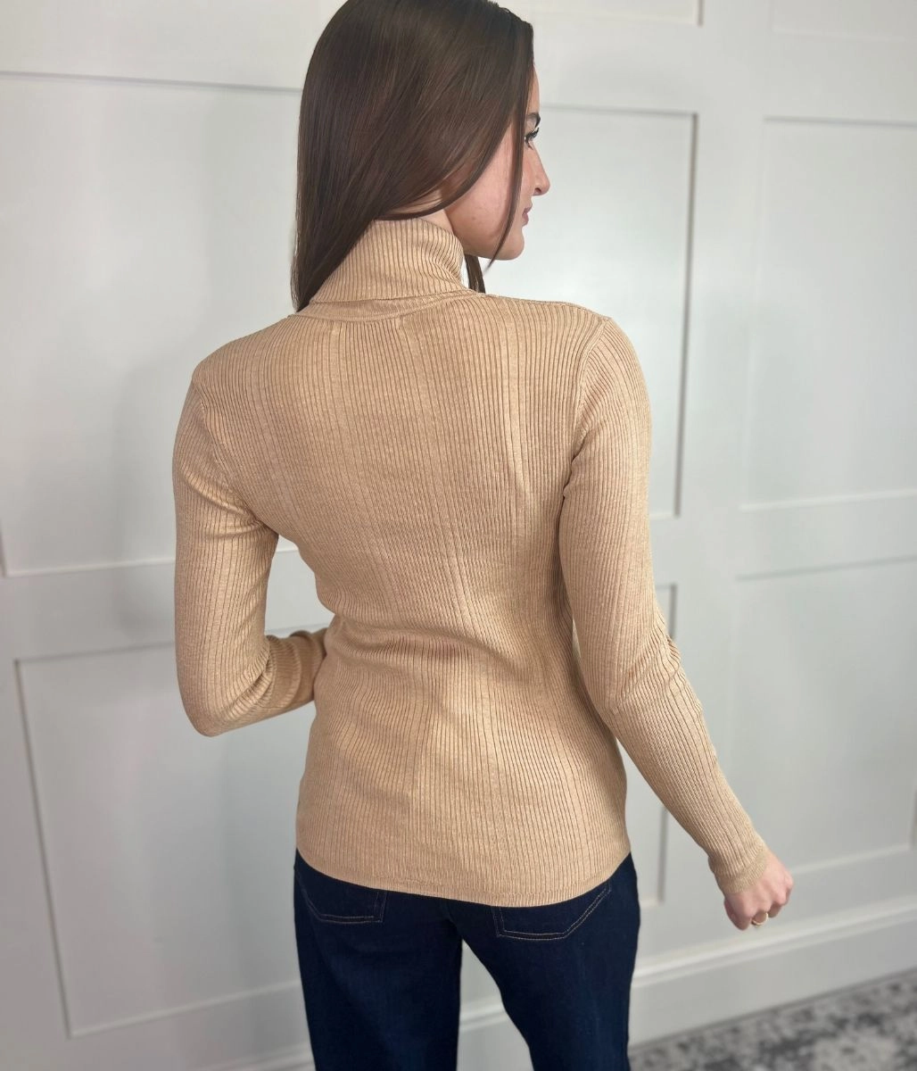 Biscuit Ribbed Roll Neck Jumper Casual Ease Roomy Pockets