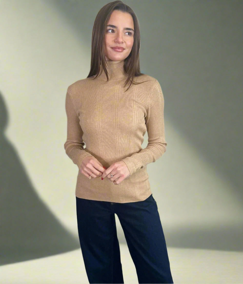 Biscuit Ribbed Roll Neck Jumper Snug Layers Sport Performance