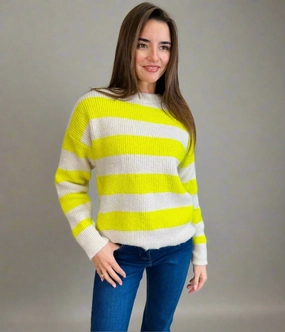 Yellow Striped Crew Neck Jumper Cozy Design Wear