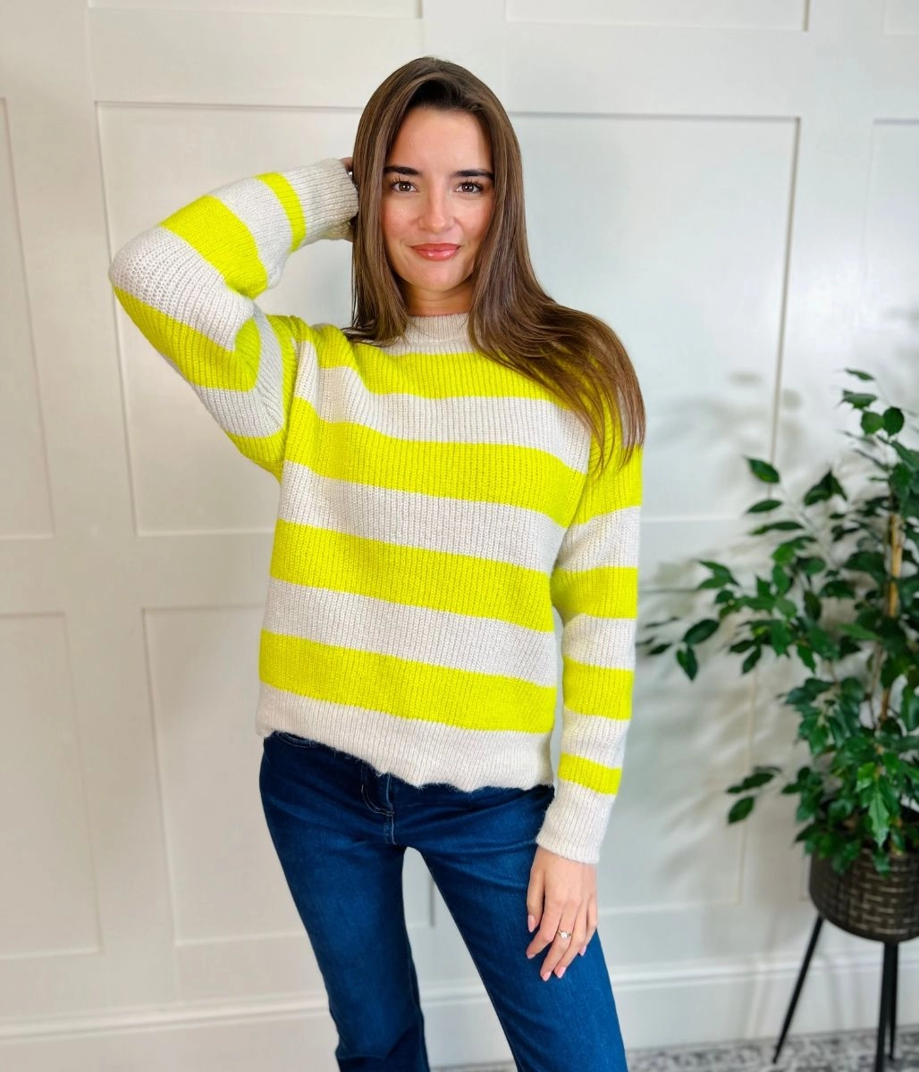 sporty wear Elastic Fit Yellow Striped Crew Neck Jumper