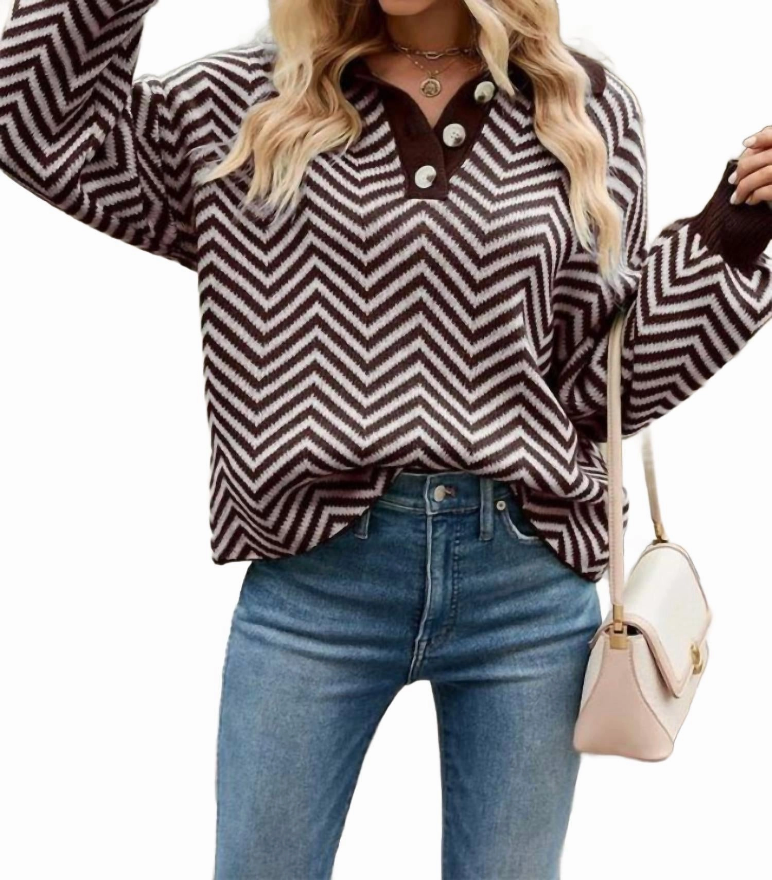 V Patterned Button V Neck Jumper In Coffee Functional Layer Minimalist Look