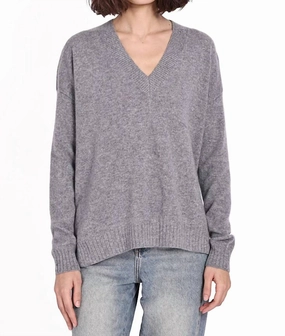 Cashmere Long And Lean V Sweater In Grey Shadow Double Layered Collars Comfy Layering