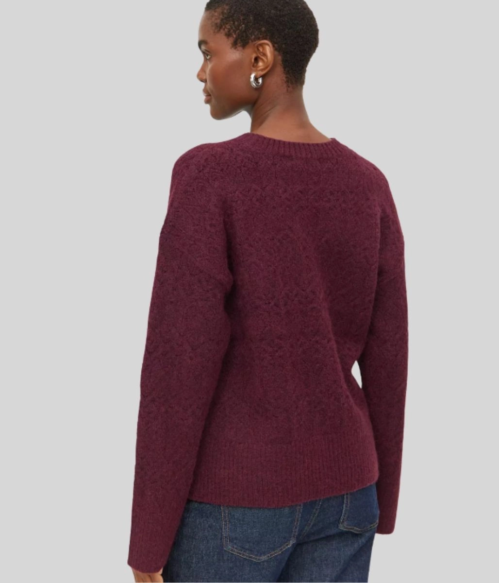 Burgundy Pointelle Wool Blend Jumper Warm Hug Simple Knit