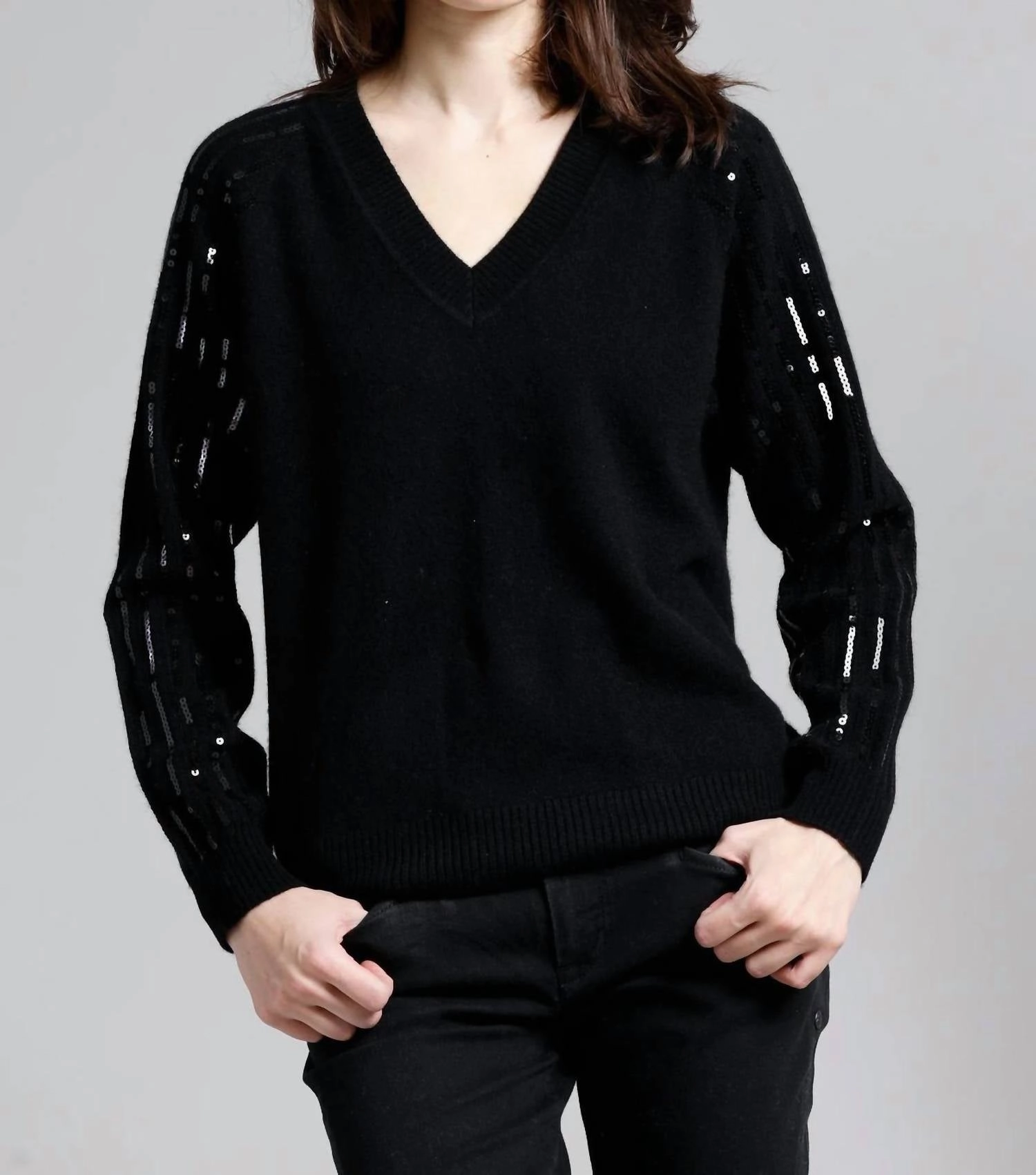 Cashmere V-Neck Sweater With Sequined Sleeves In Black Soft touch layer Cozy & Soft