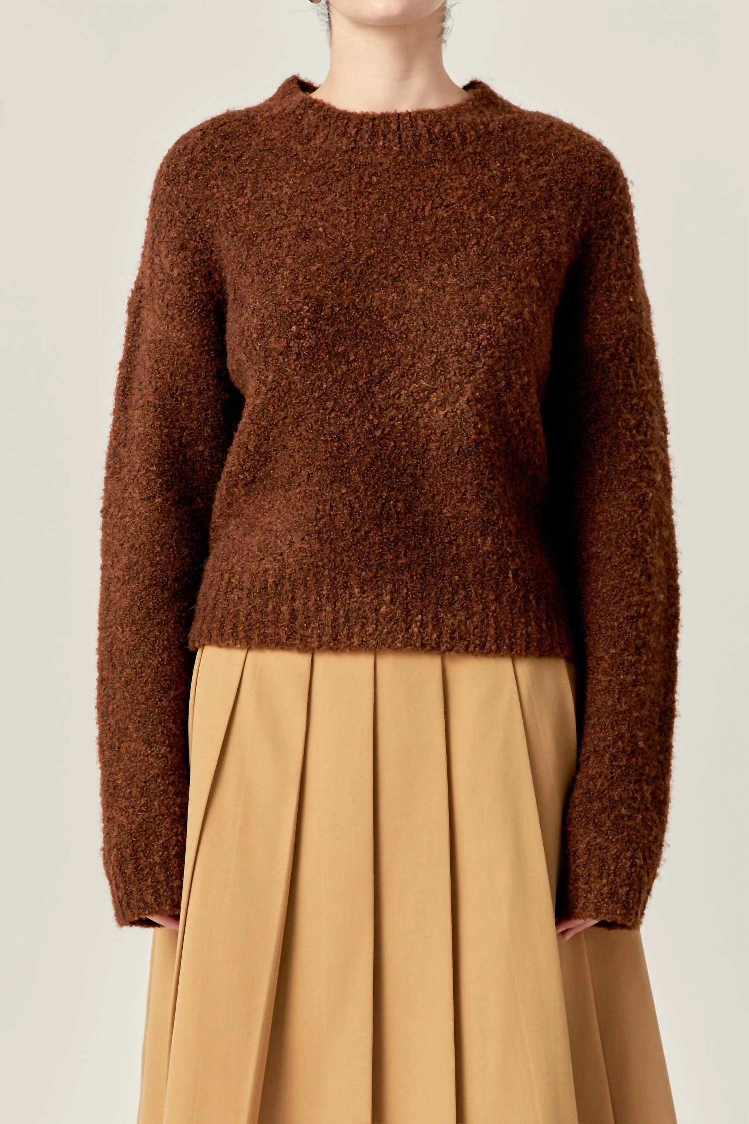 Cozy Roundneck Sweater In Chocolate Breathable Mesh Panels