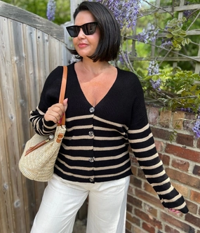 Black Striped Boxy V Neck Cardigan Stretch Fit Trendy Layers