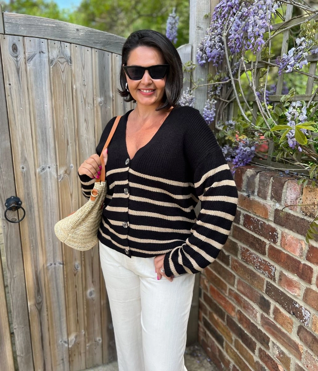 Sporty Layers Black Striped Boxy V Neck Cardigan