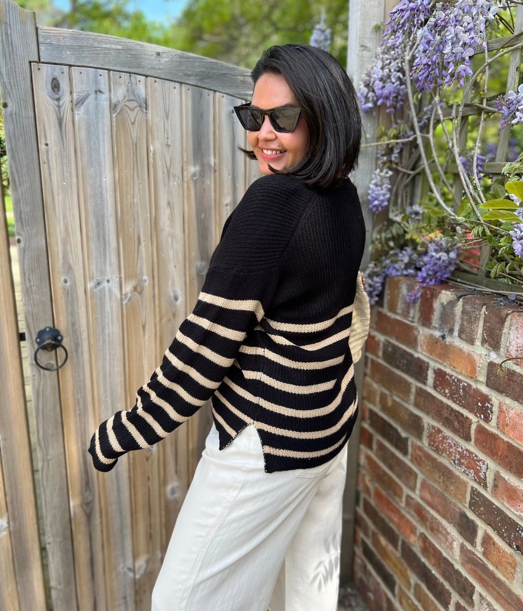 Warm Wardrobe Black Striped Boxy V Neck Cardigan