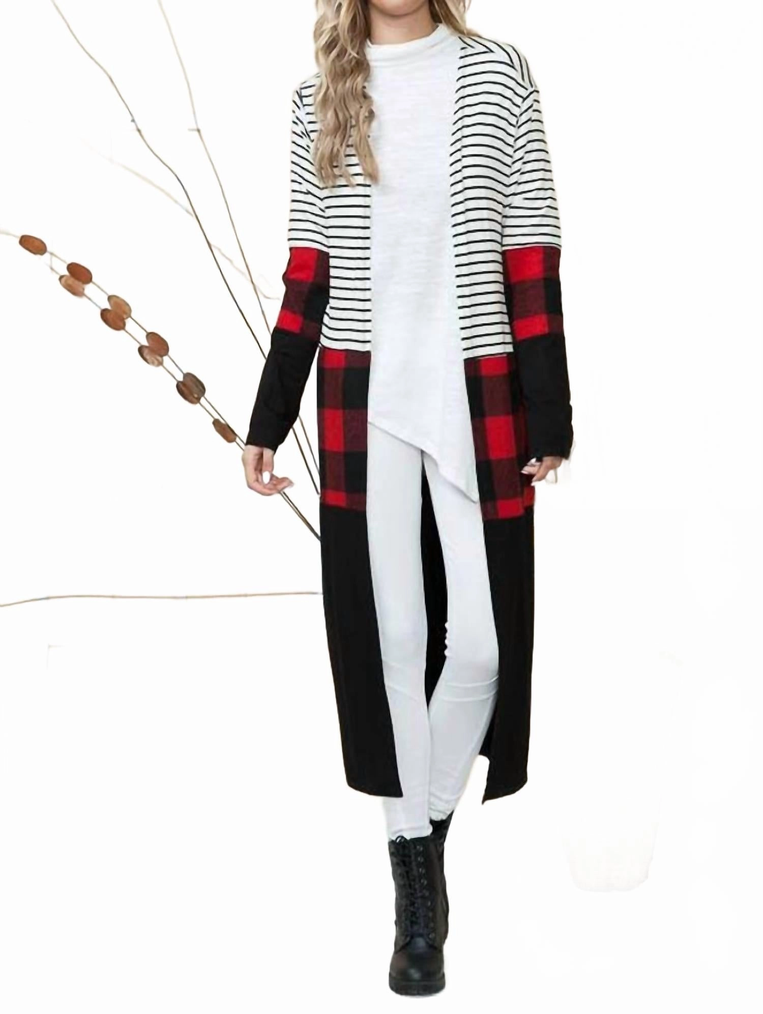 Modern Comfort Effortless Layering Maxi Stripe & Red Plaid Cardigan In Multicolor