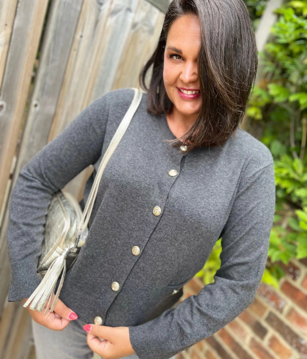 Grey Cardigan Sweater with Gold Buttons Casual Flex Perfect Warmth