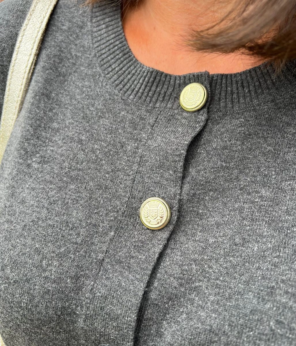 Grey Cardigan Sweater with Gold Buttons Cozy pieces