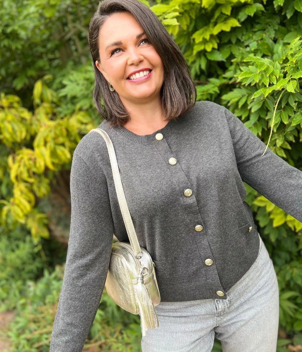 Grey Cardigan Sweater with Gold Buttons Basic Layer