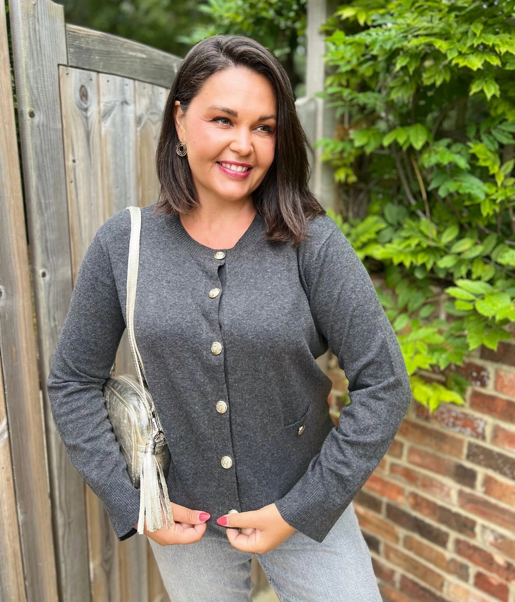 Grey Cardigan Sweater with Gold Buttons Effortless Comfort Fit