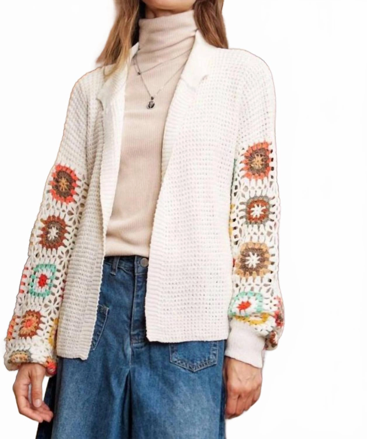 Light Reflective Trim Relaxed Fit Crochet Floral Printed Long Sleeve Knit Cardigan In White