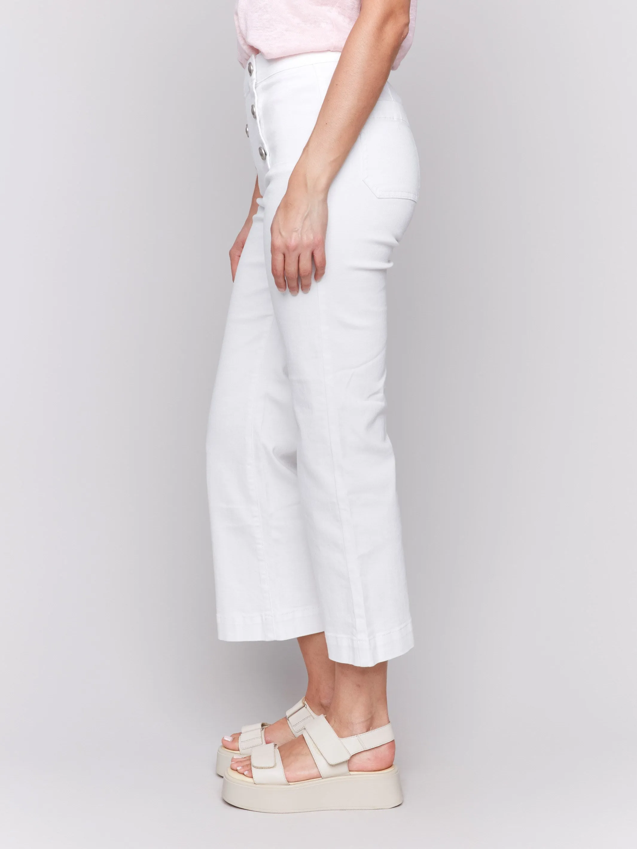 Linen blend Cropped Pull-On Flare Jeans with Front Buttons - White