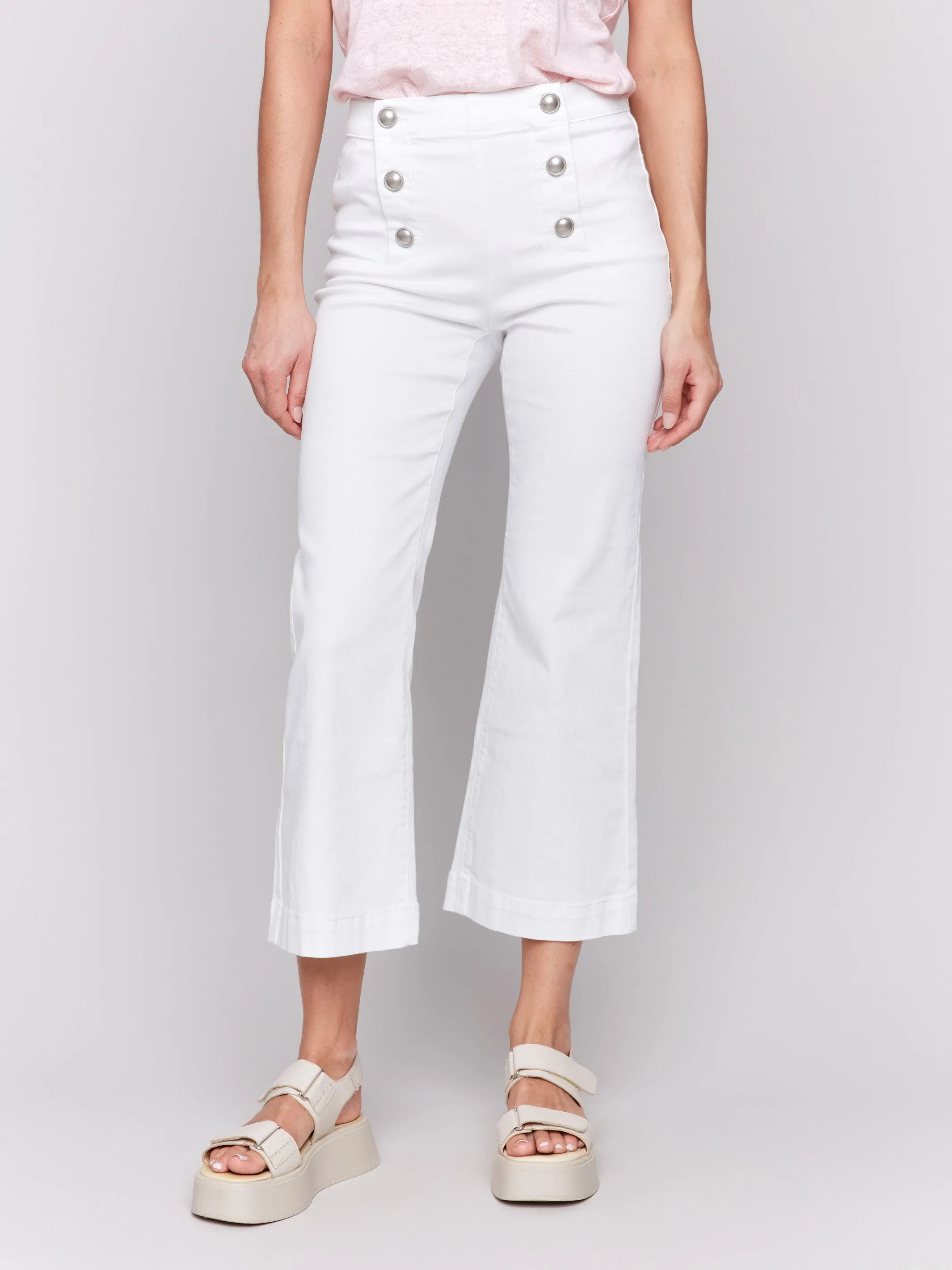 Cropped Pull-On Flare Jeans with Front Buttons - White Sporty Chic Reinforced Stress Points
