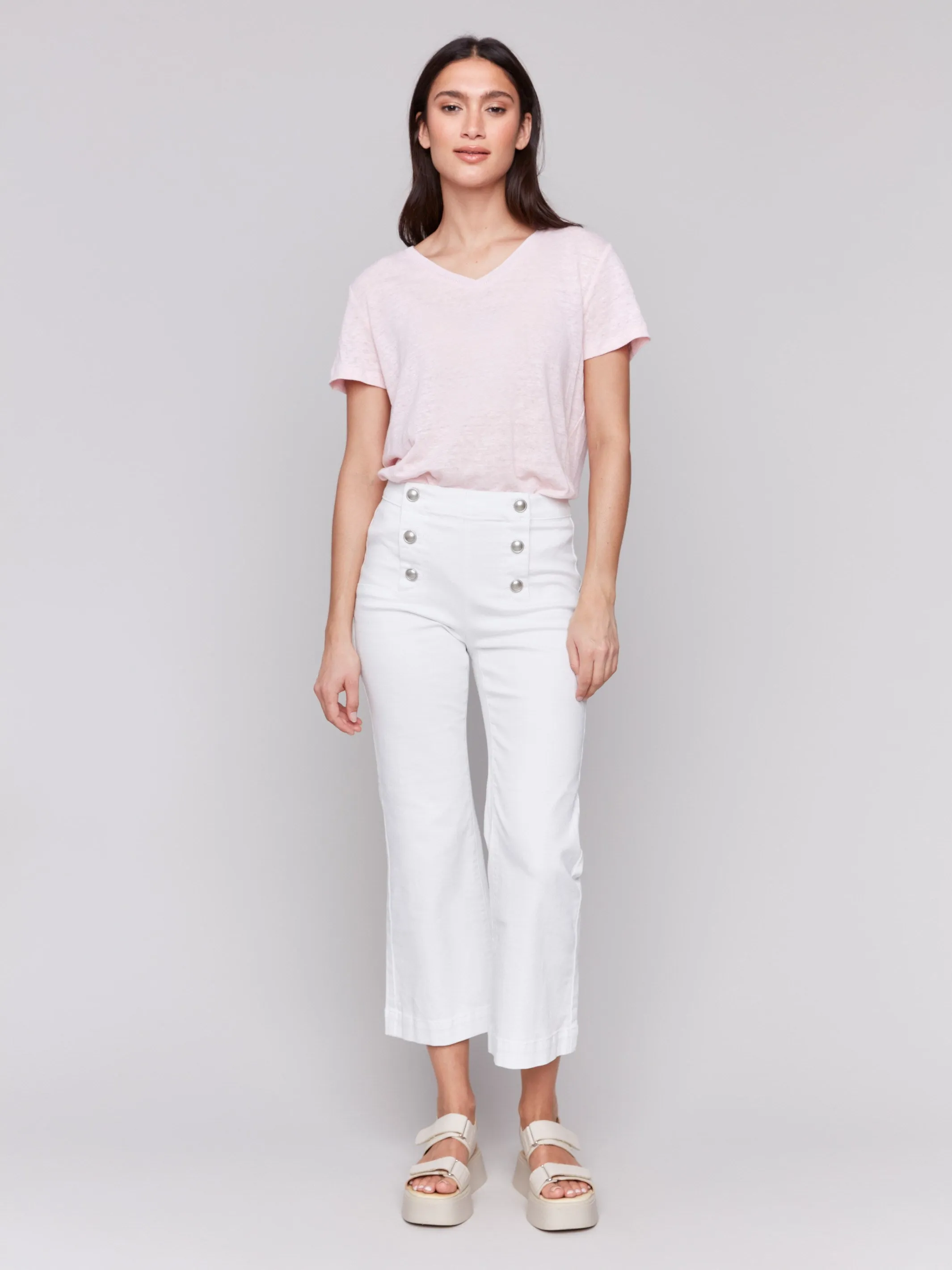 Cropped Pull-On Flare Jeans with Front Buttons - White Hiking Gear