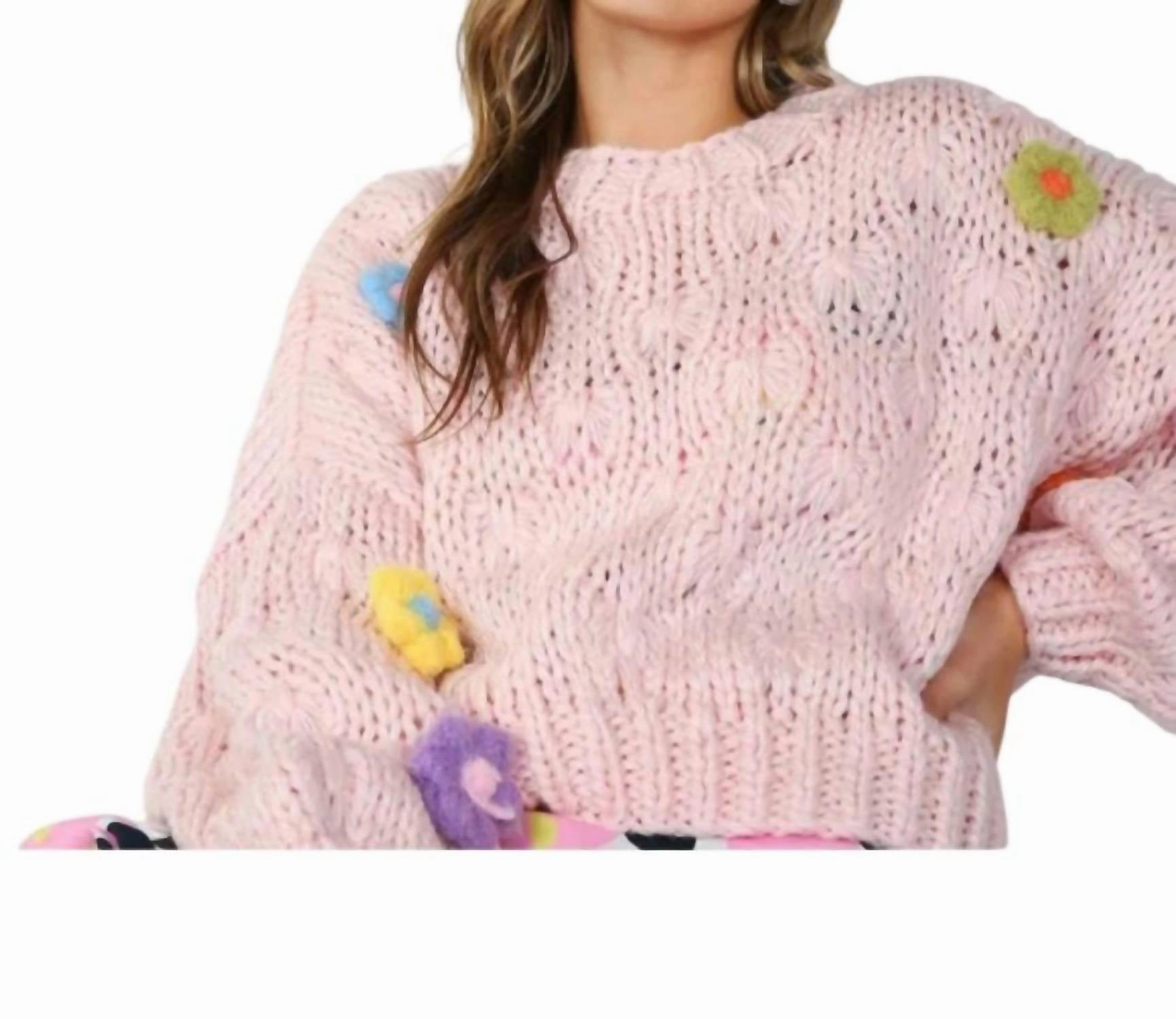 Abrasion Resistant Edging Bio Based Textile Innovation Cropped Crochet Sweater With 3D Flowers In Pink