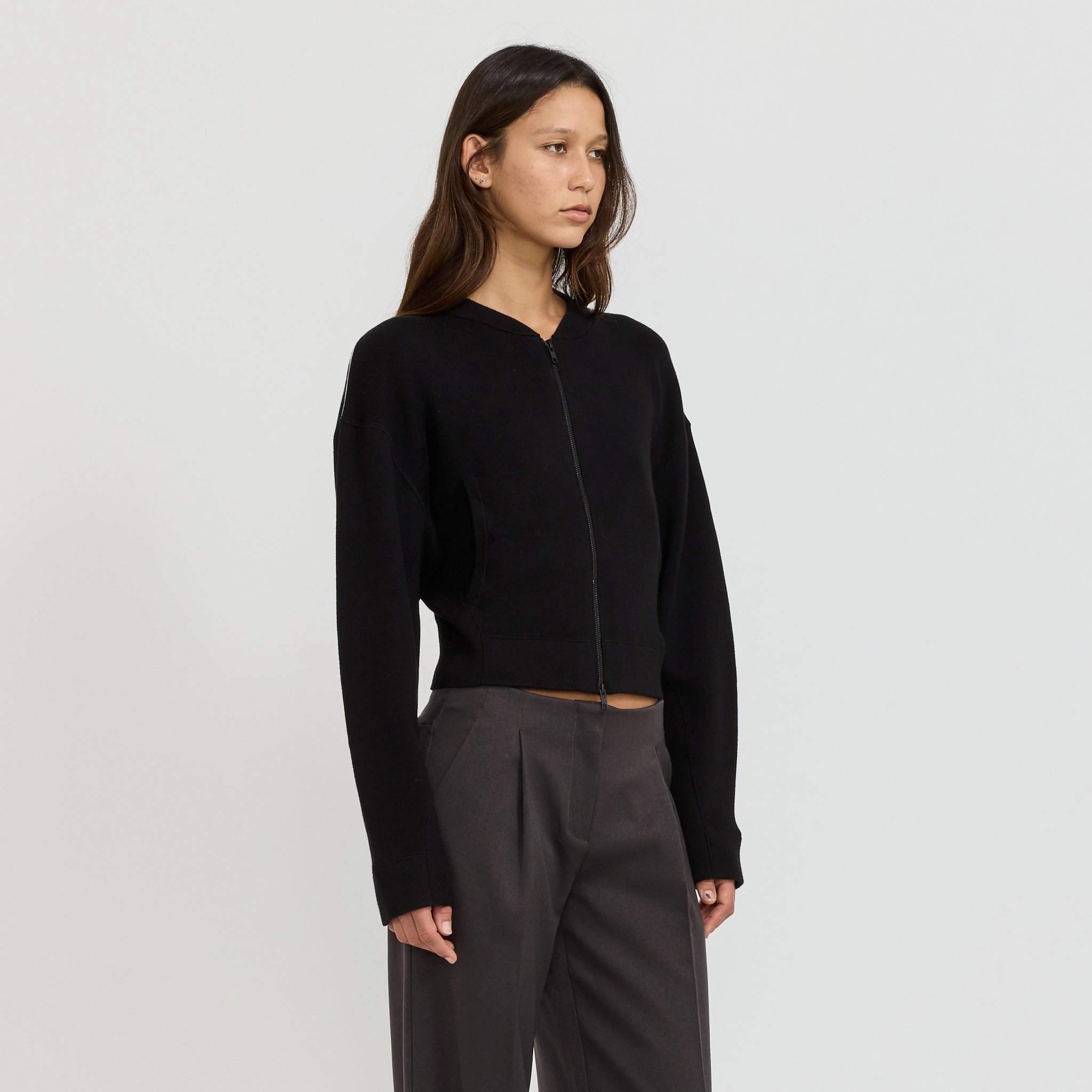 Winter Comfort Layer Breathable Waistband Cropped Knitted Zip Through Black