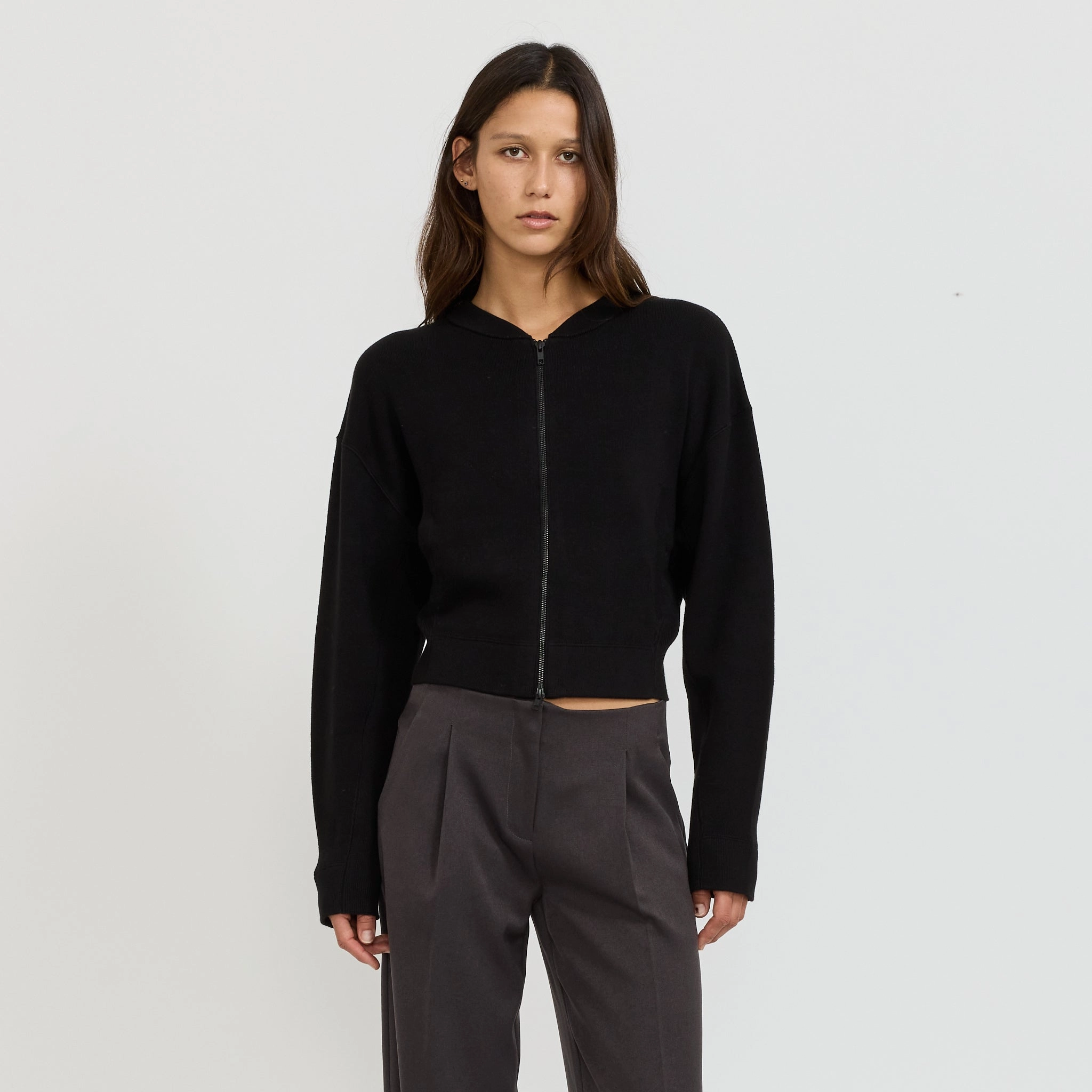 Layering Piece Breathable Layer Wear Cropped Knitted Zip Through Black