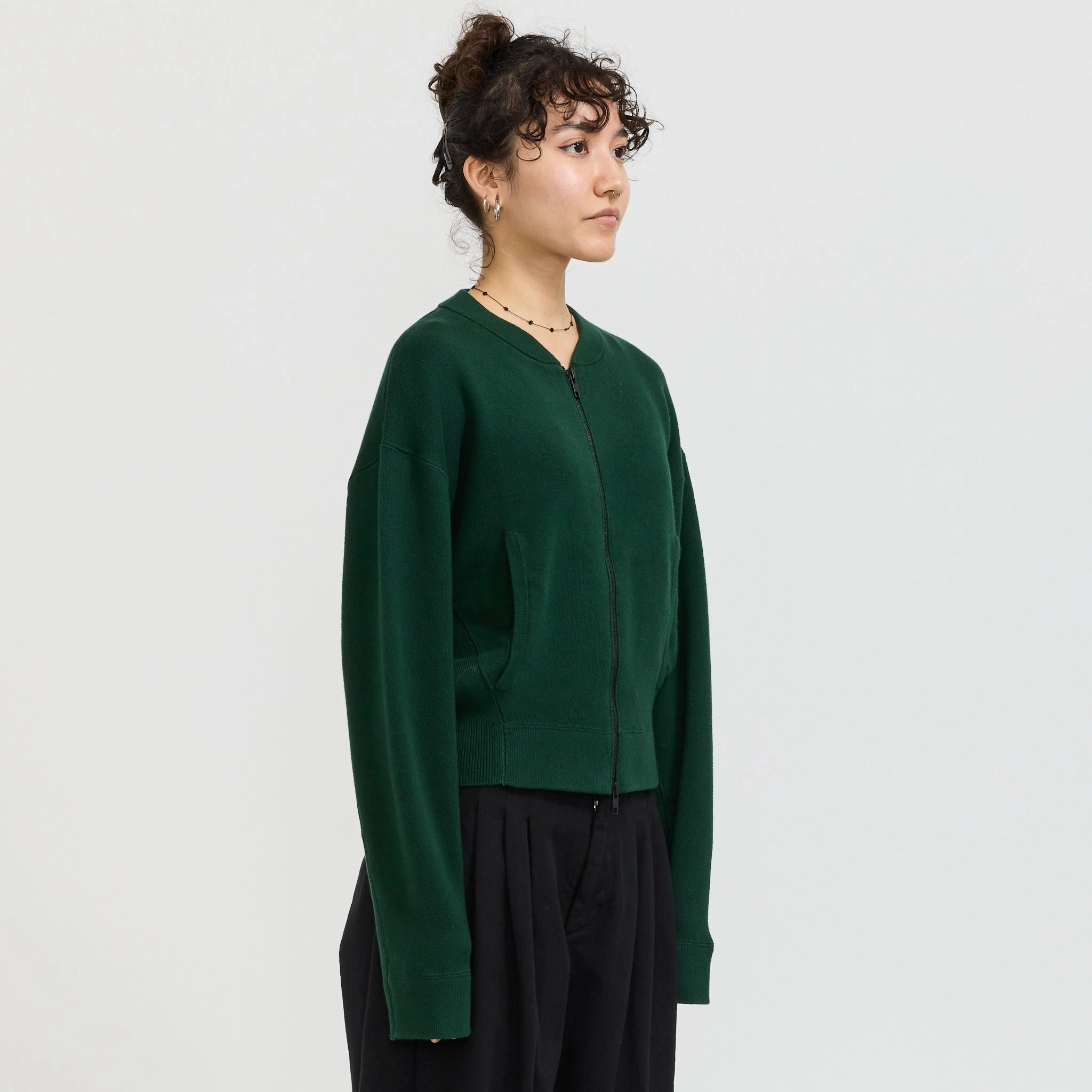 Cropped Knitted Zip Through Dark Green Lightweight Merino Quick Dry Wear