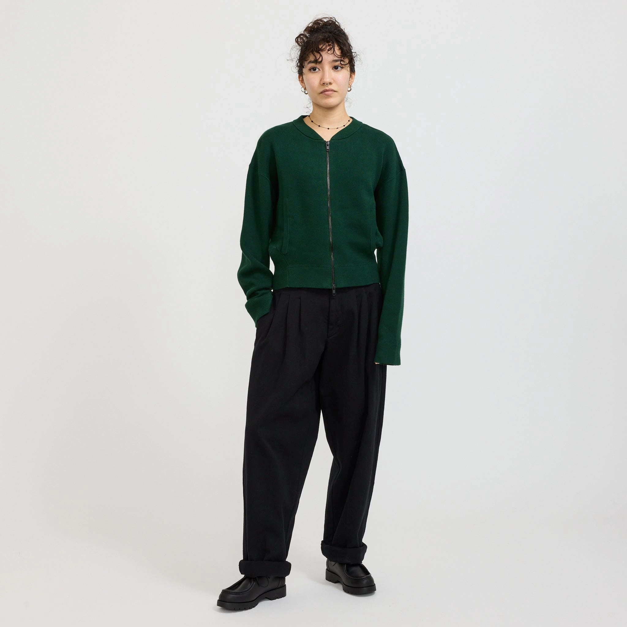 Cropped Knitted Zip Through Dark Green Cold-Weather Essential Quick Layer