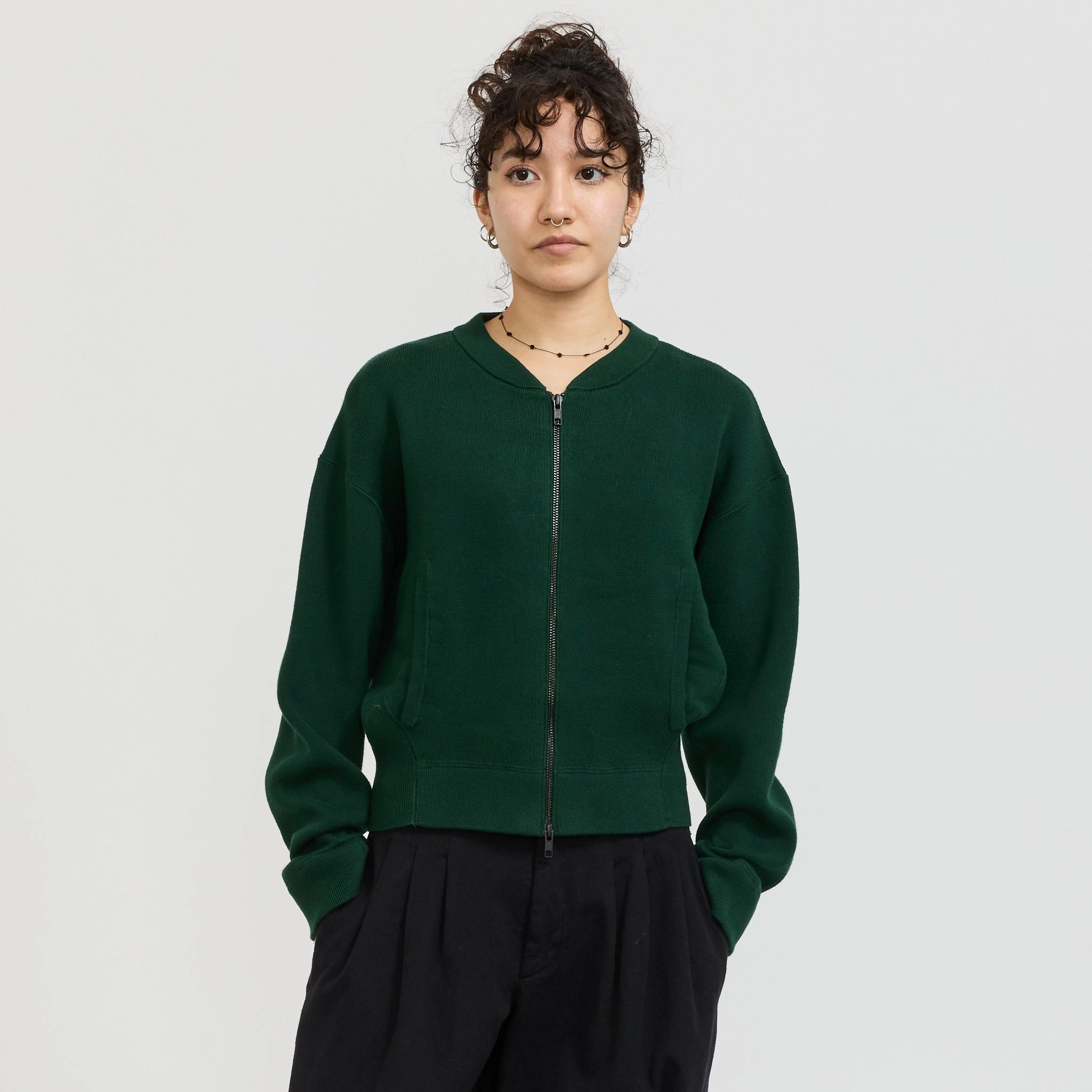 Cropped Knitted Zip Through Dark Green Cozy Chic Snuggly Feel