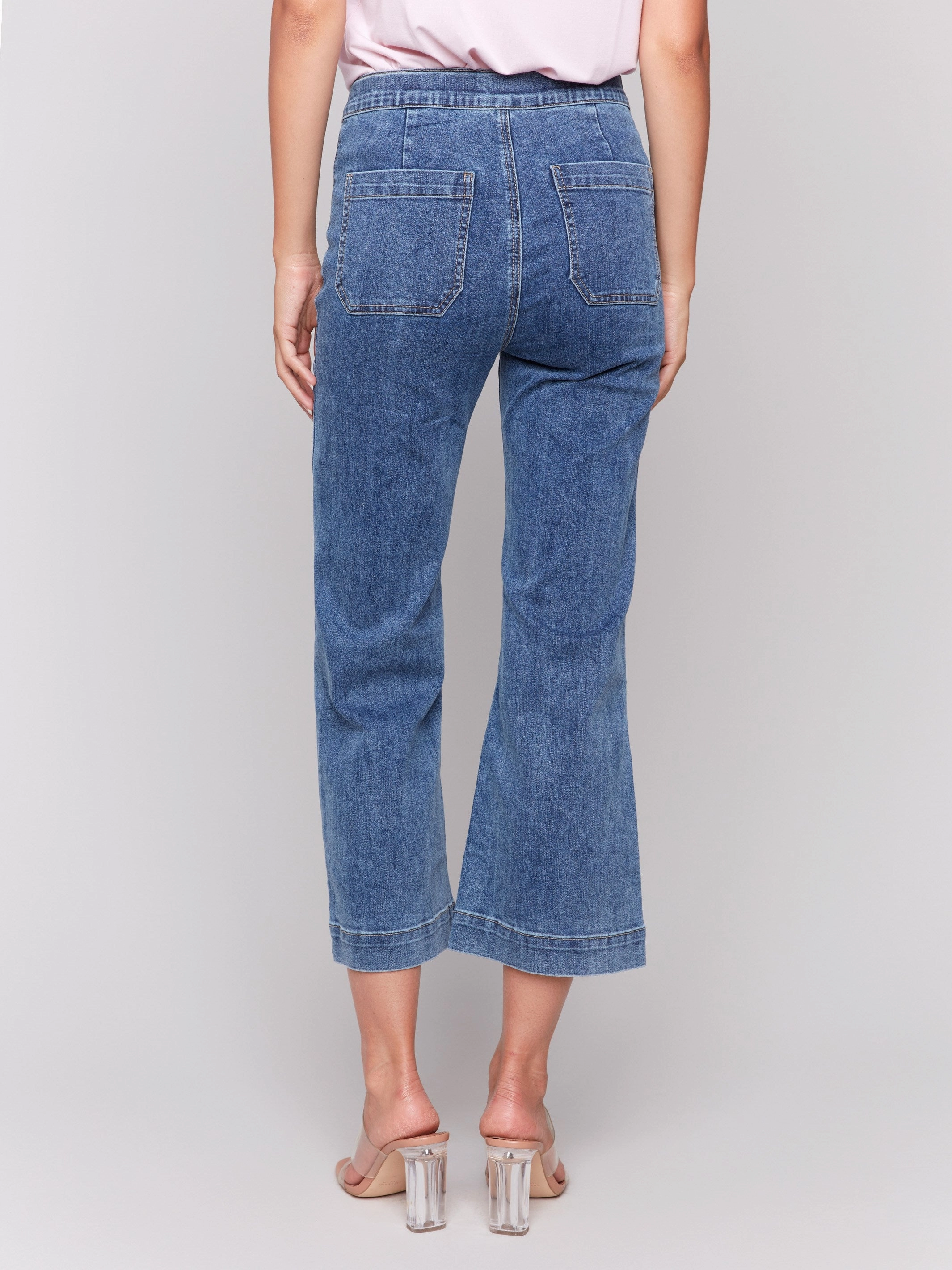 Go-To Choice Cropped Pull-On Flare Jeans with Front Buttons - Medium Blue