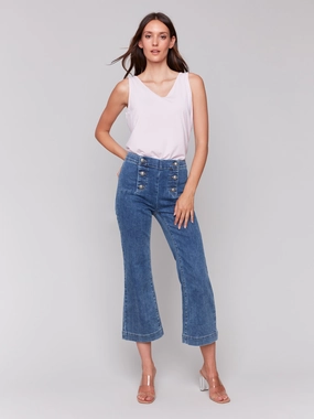 Outfit Mix Crisp Look Cropped Pull-On Flare Jeans with Front Buttons - Medium Blue