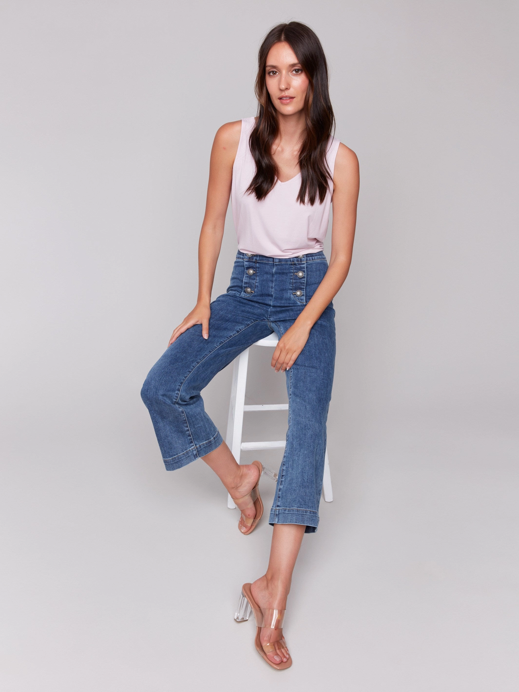 Cropped Pull-On Flare Jeans with Front Buttons - Medium Blue Artist Vibe Premium Classic Weekend Getaway