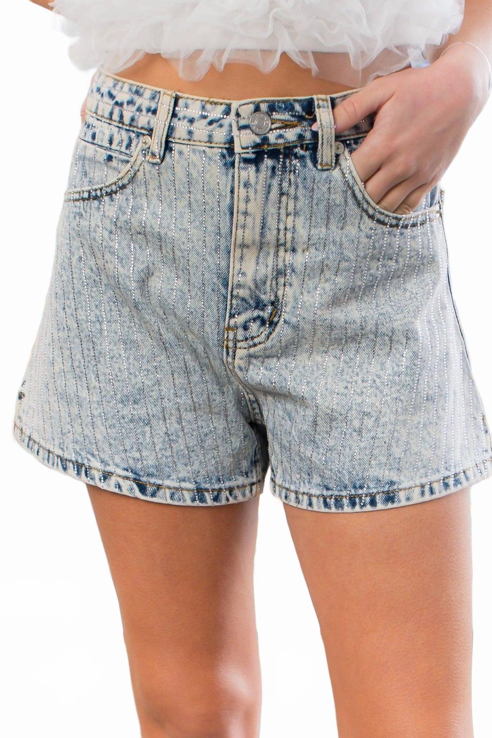Crystal Embellished Acid Wash Shorts In Denim vest
