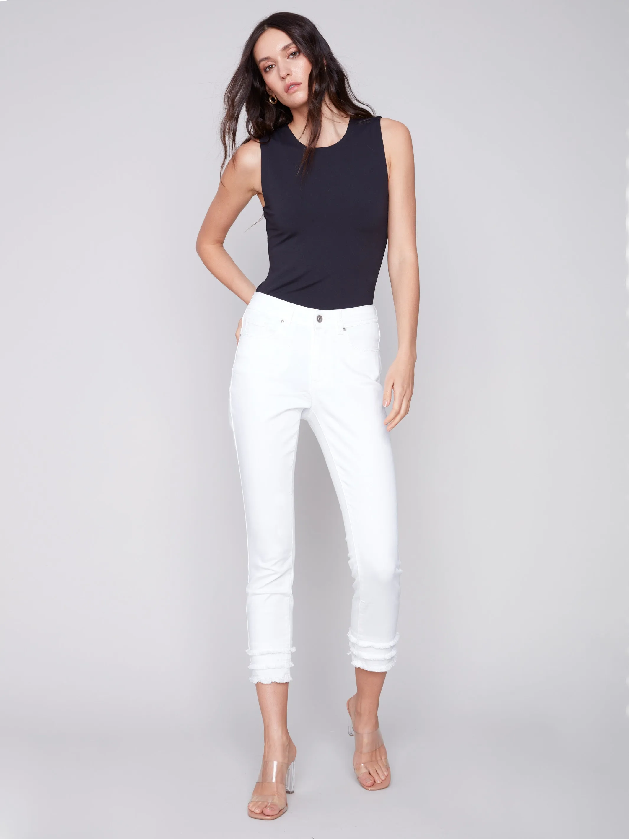 Frayed Hem Cropped Twill Pants - White breathable panels