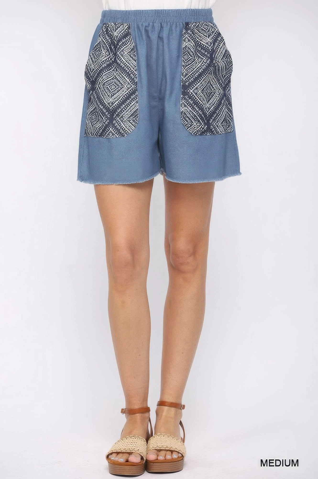 Denim And Print Pockets Elastic Waist Shorts With Raw Hem Chill Style Flexible Material