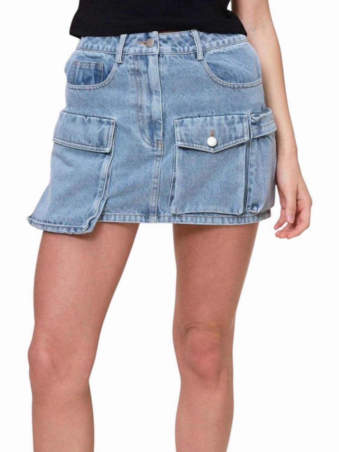 Denim Cargo Mini Skirt In Blue High Density Weave Hidden pockets