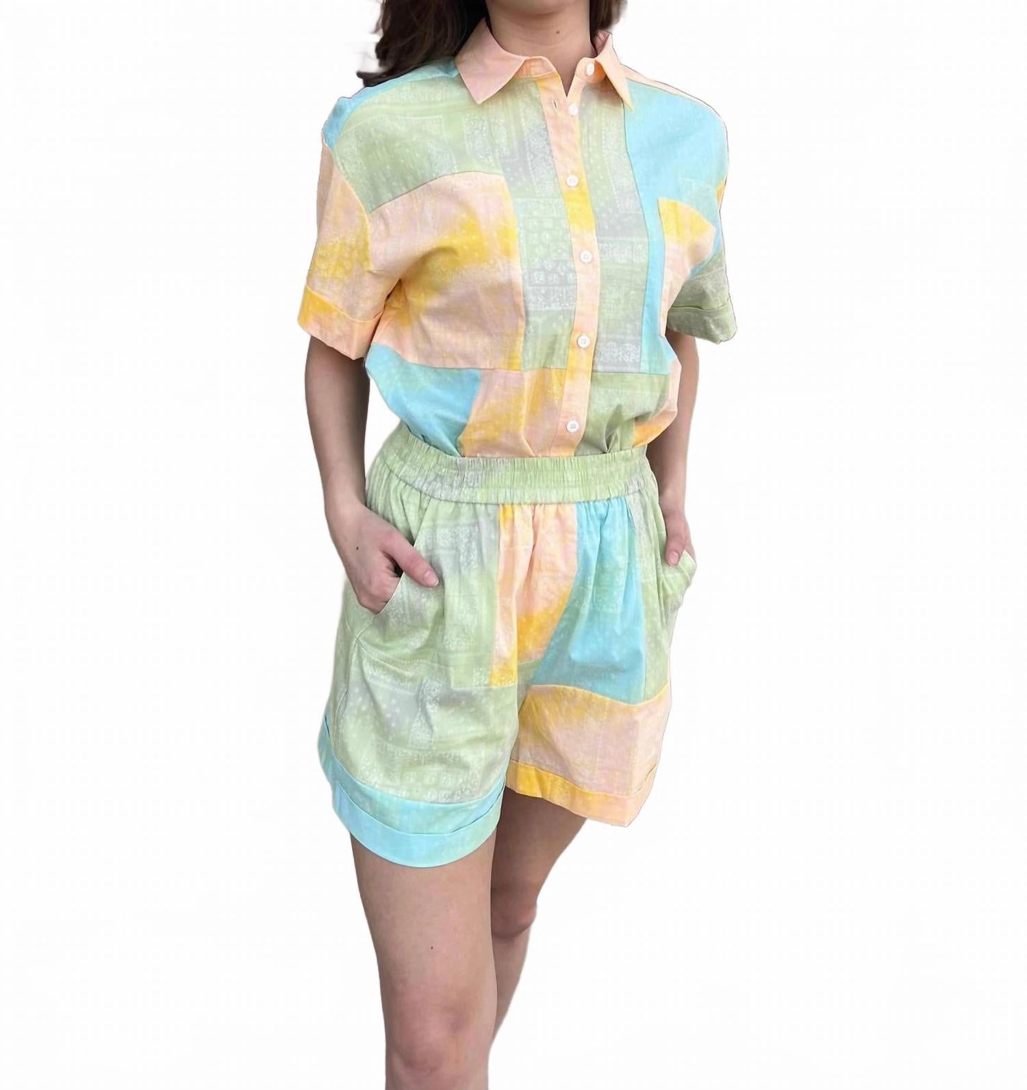 finance industry ElasticHem Doris Patchwork Short In Multi