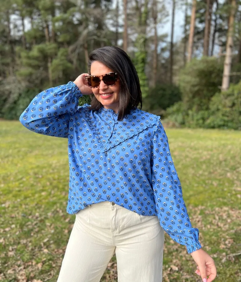 Blue Flower Frill Blouse Casual Jacket V Neck Design