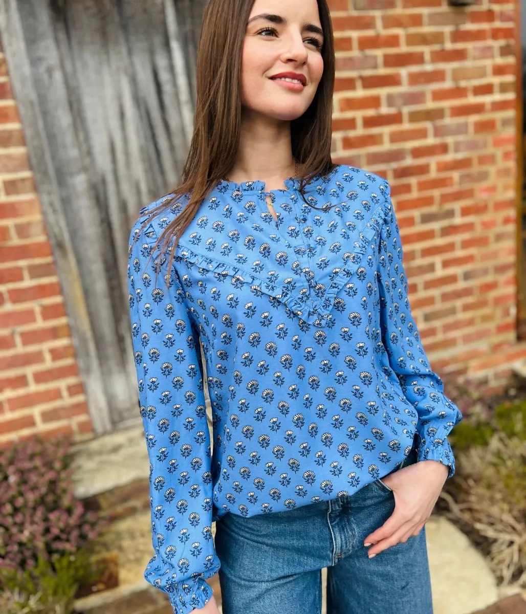 Blue Flower Frill Blouse Drop Shoulder Cut FlexibleRibbedTrims