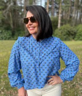 Blue Flower Frill Blouse NonChafe Tag Placement