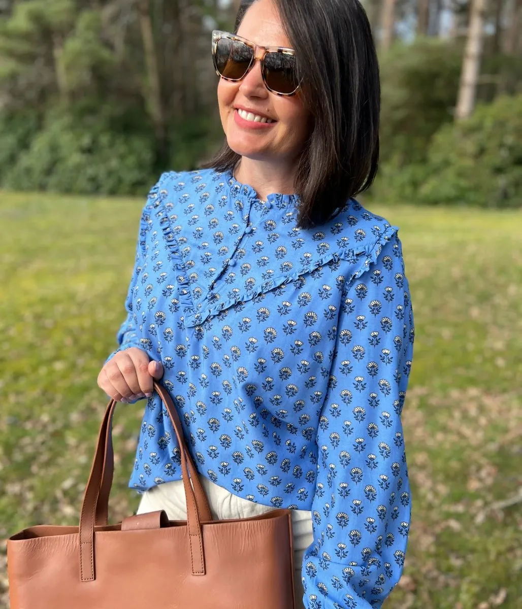 Blue Flower Frill Blouse Contoured Armhole Design