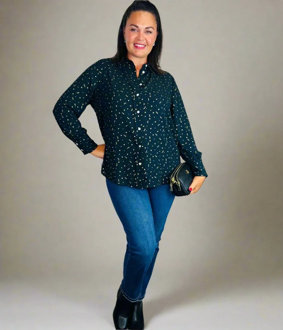 Hidden Zipper Pocket Black Shooting Star Print Shirt