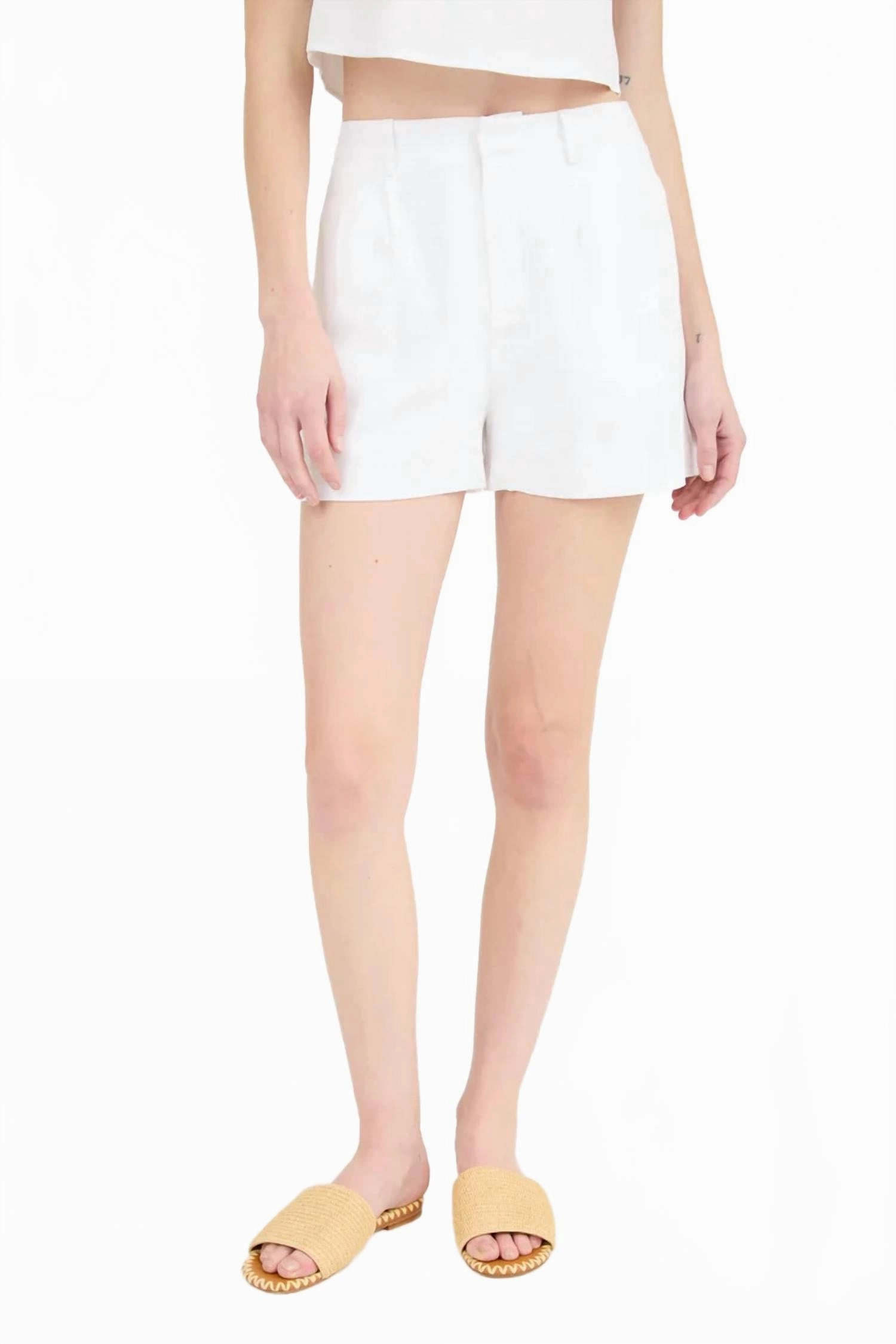 Kalene High-Waist Front Pleat Shorts In White Jogging Ready Wide Leg Opening