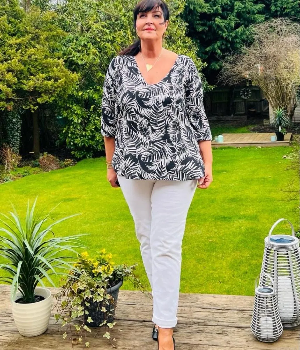 Monochrome Leaf Tunic Top Non Restrictive Collar Ergonomic Fit Design