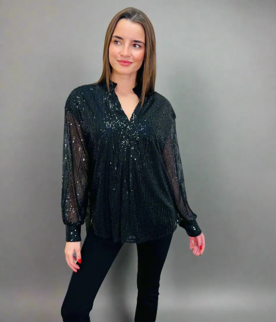 Simple Shirt Black Sequined Sparkle Top