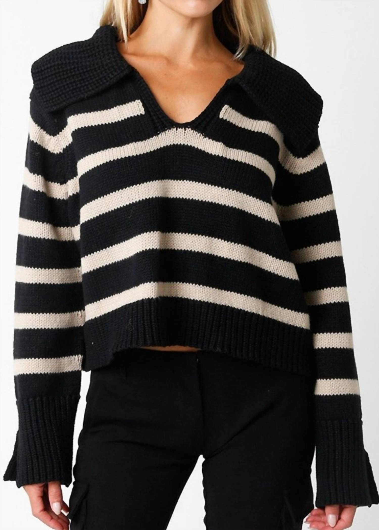 Drama Collar Stripe Sweater In Black Winter Ready Outfit Unisex style