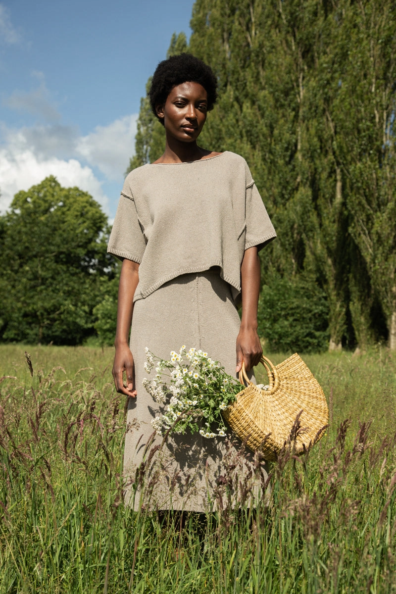 Mio-Leigh Recycled Cotton Blend Knitted Skirt in Natural Double Stitched
