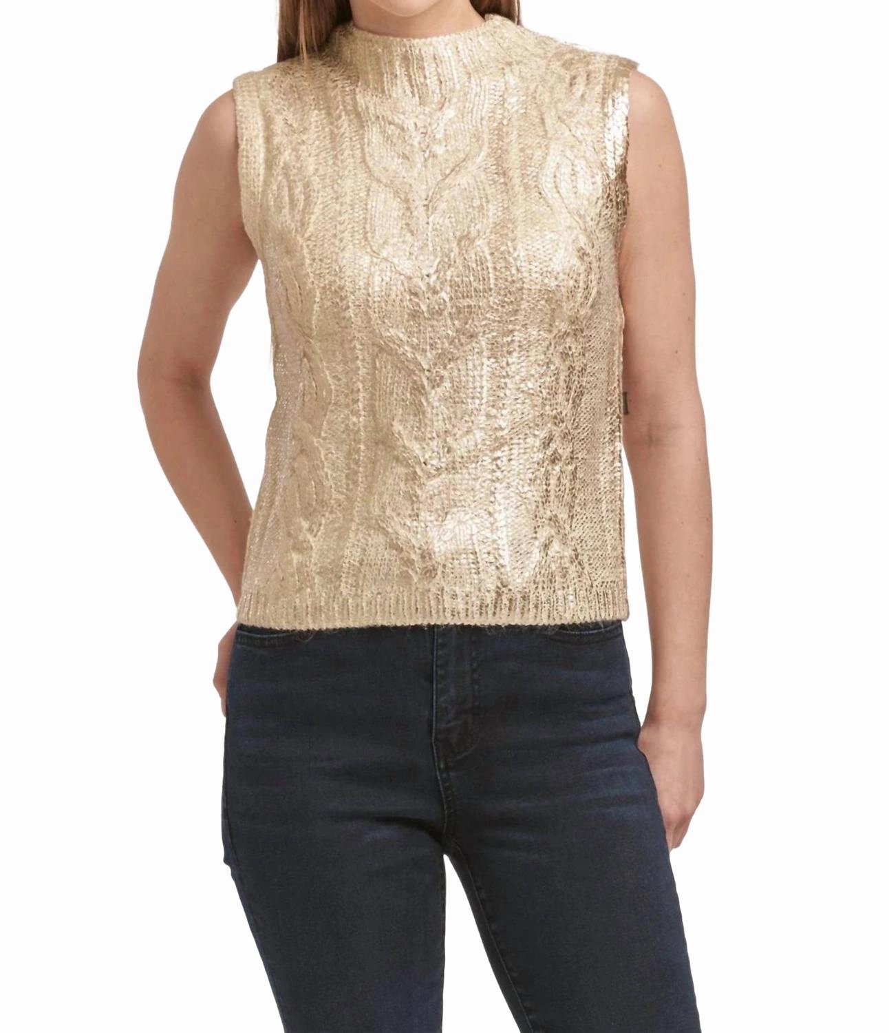 Tatiana Round Neck Sleeveless Fitted Sweater In Ivory With Rose Gold Comfy Winter Wear