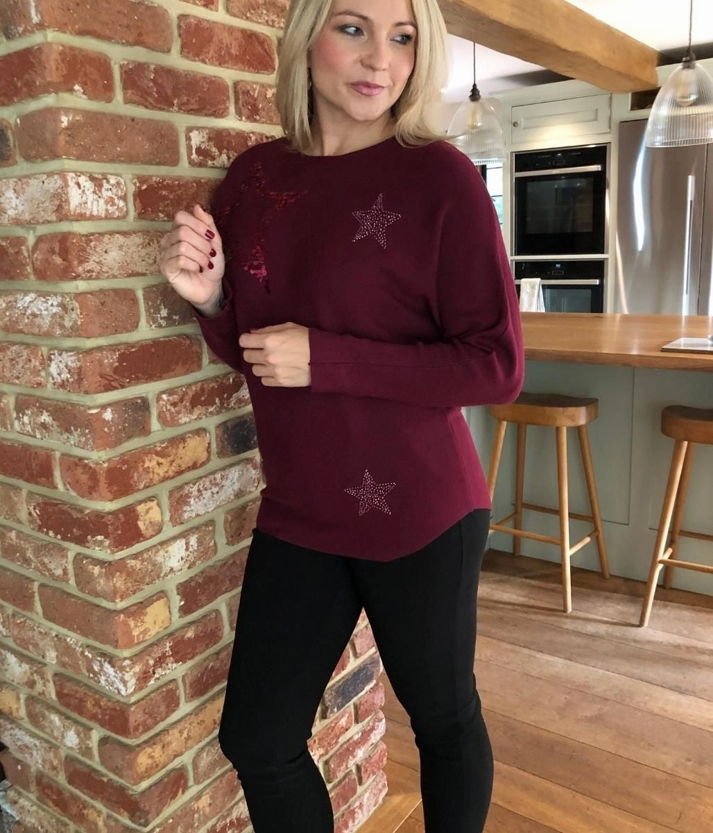 Soft Knit Style Burgundy Embellished Star Jumper