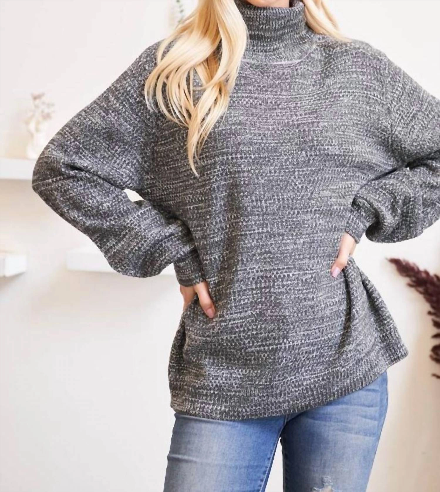 Turtleneck Melange Balloon Sleeve Sweater In Charcoal Soft Knit Design